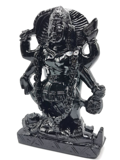 Mata Kaali statue/carving in black obsidian - Goddess Kali idol/murti in gemstones and crystals - 6 inches and 550 gms (1.21 lb)