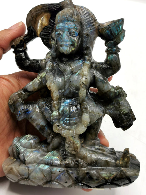 Mata Kaali statue/carving in labradorite stone - Goddess Kali idol/murti in gemstones and crystals - 5.5 inches and 590 gms (1.30 lb)