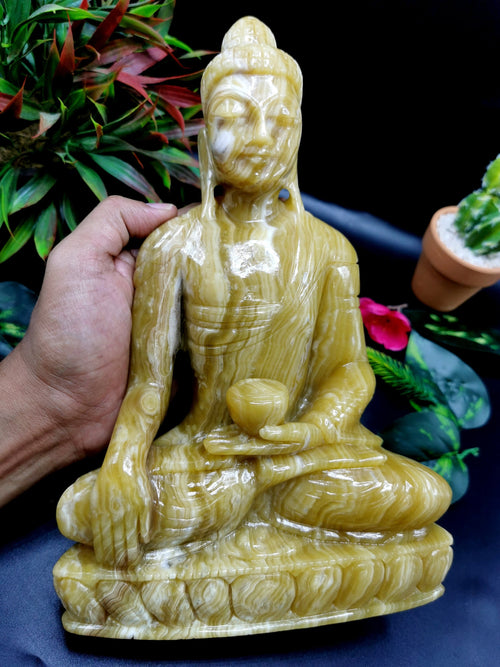 Yellow Aragonite Buddha - handmade carving of serene and meditating Lord Buddha - crystal/reiki/healing - 10 inches and 2.77 kg (6.09 lb)