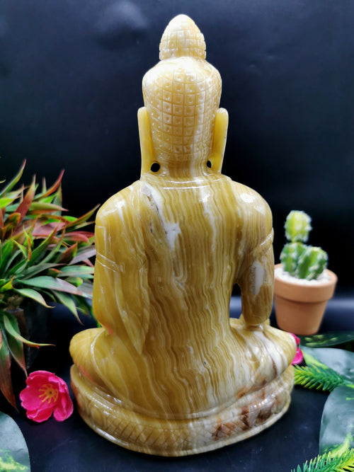 Yellow Aragonite Buddha - handmade carving of serene and meditating Lord Buddha - crystal/reiki/healing - 10 inches and 2.77 kg (6.09 lb)