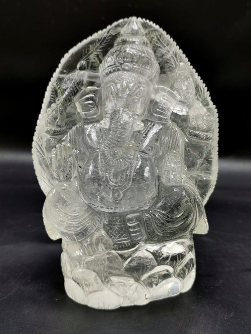 Ganesh statue in Clear Quartz Handmade Carving - Ganesha Idol |Sculpture in Crystals and Gemstones - 5 inches and 840 gms (1.85 lb)