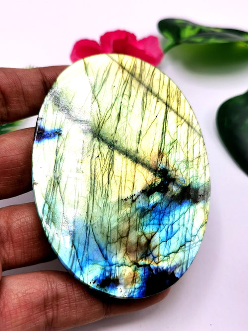 Labradorite Plate Carving of Lord Hanuman with golden flash | Bajrang Bali statue | Reiki/Chakra/Healing in gemstone and crystals - 3.5 in