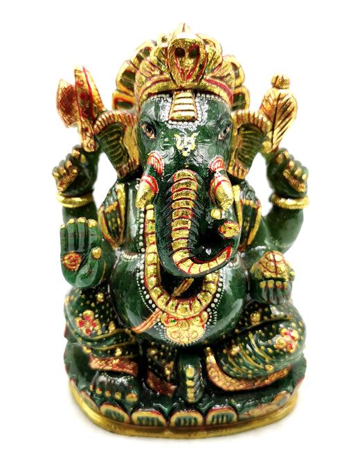 Green Aventurine Handmade Carving of Ganesh - Handpainted Lord Ganesha Idol in Crystals and Gemstones - Reiki/Chakra - 7 inch and 1.96 kg