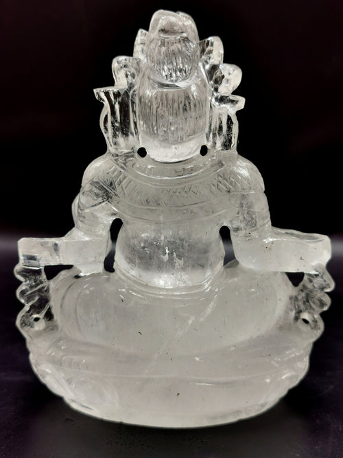 Lord Kuber statue in Clear Quartz Handmade Carving - Kubera Idol |Sculpture in Crystals and Gemstones - 5.5 inches and 810 gms (1.78 lb)