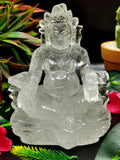 Lord Kuber statue in Clear Quartz Handmade Carving - Kubera Idol |Sculpture in Crystals and Gemstones - 5.5 inches and 810 gms (1.78 lb)