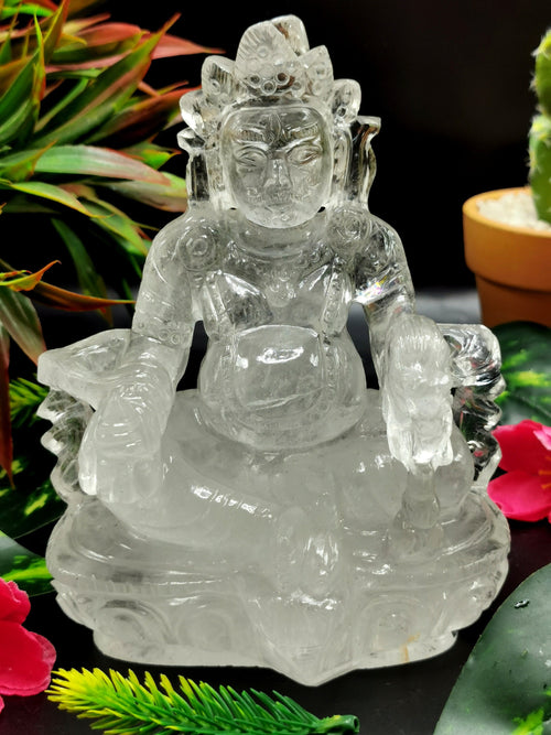 Lord Kuber statue in Clear Quartz Handmade Carving - Kubera Idol |Sculpture in Crystals and Gemstones - 5.5 inches and 810 gms (1.78 lb)