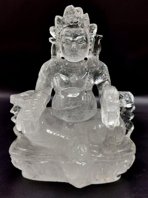 Lord Kuber statue in Clear Quartz Handmade Carving - Kubera Idol |Sculpture in Crystals and Gemstones - 5.5 inches and 810 gms (1.78 lb)