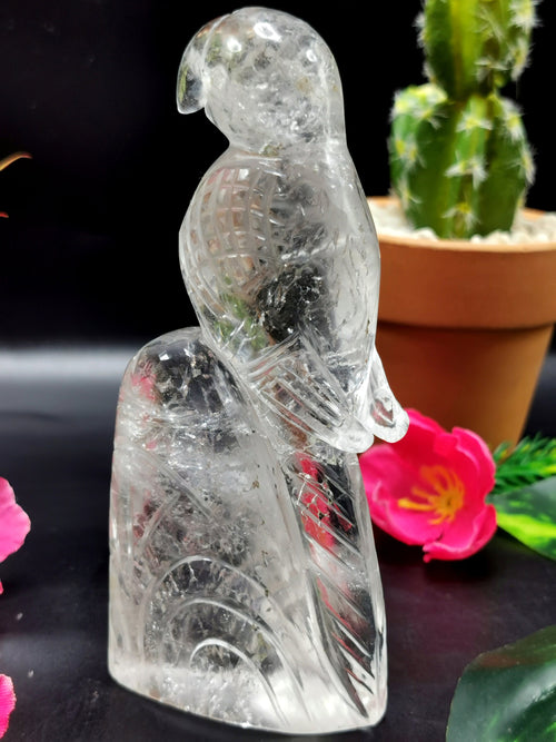 Beautifully hand carved bird carving on natural clear quartz stone - reiki/energy/chakra - 4.5 inches long and 210 gms (0.46 lb)