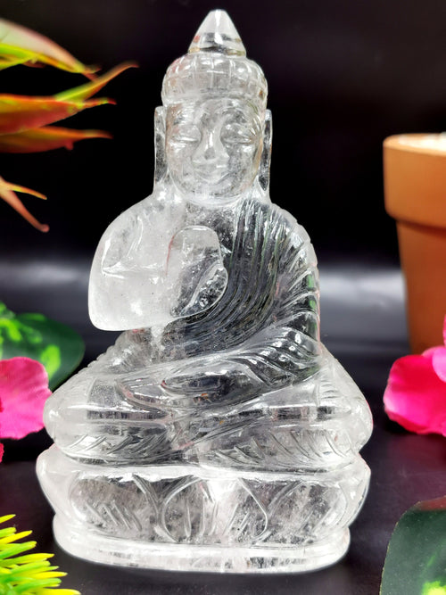 Clear Quartz/Clear Crystal Buddha - handmade carving of serene and meditating Lord Buddha - crystal/reiki/healing - 3.5 inches and 172 gms