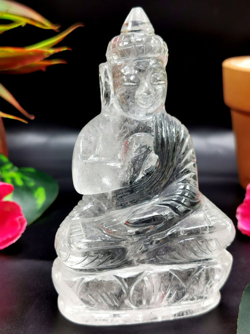Clear Quartz/Clear Crystal Buddha - handmade carving of serene and meditating Lord Buddha - crystal/reiki/healing - 3.5 inches and 172 gms