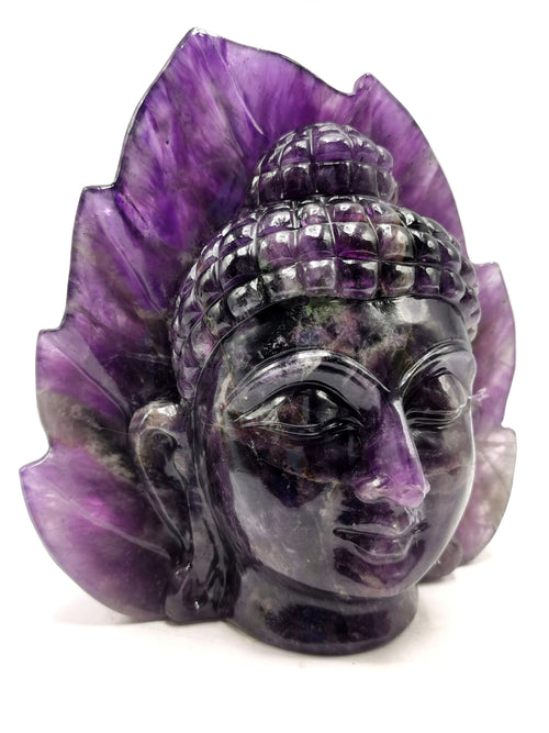 Dark Amethyst Buddha Head - handmade carving of serene and meditating Lord Buddha face - crystal/reiki/healing - 6 inches and 1.73 kgs