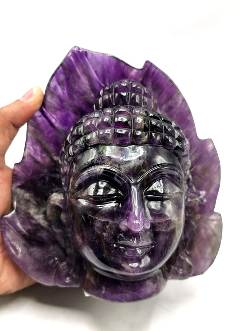Dark Amethyst Buddha Head - handmade carving of serene and meditating Lord Buddha face - crystal/reiki/healing - 6 inches and 1.73 kgs