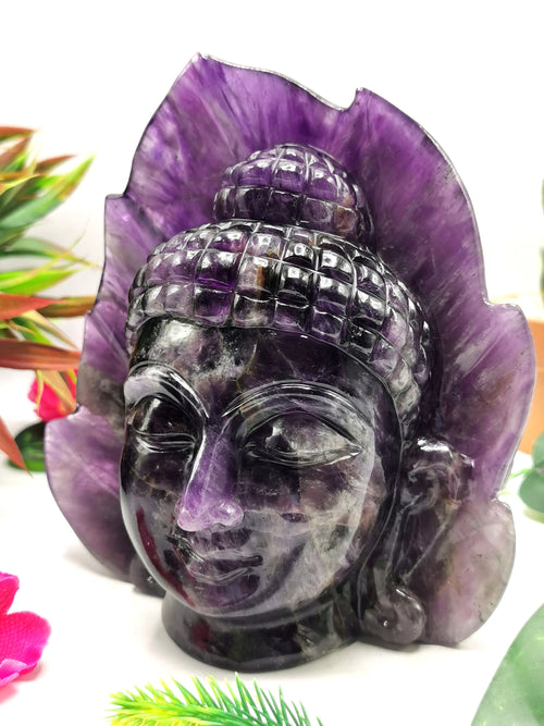 Dark Amethyst Buddha Head - handmade carving of serene and meditating Lord Buddha face - crystal/reiki/healing - 6 inches and 1.73 kgs