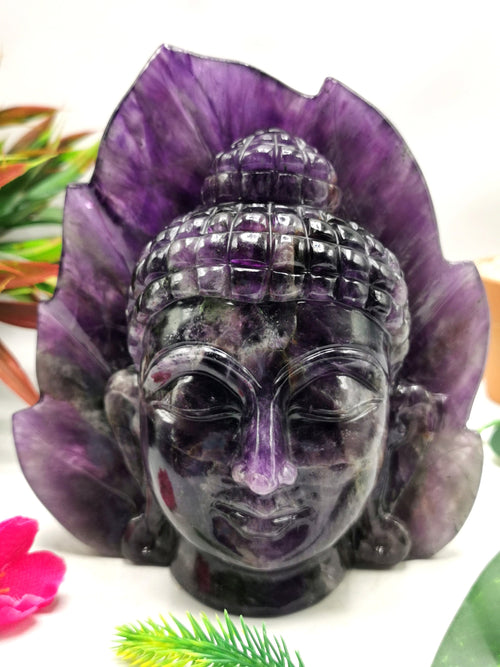Dark Amethyst Buddha Head - handmade carving of serene and meditating Lord Buddha face - crystal/reiki/healing - 6 inches and 1.73 kgs
