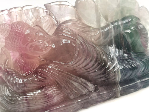 Multicolor Fluorite Buddha in parinirvana position - handmade carving of serene Lord Buddha - crystal/reiki/healing - 10 inches and 2.65 kgs