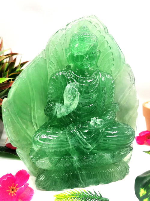 Green Fluorite Buddha - handmade carving of serene and meditating Lord Buddha - crystal/reiki/healing - 8.2 inches and 3.15 kgs (6.93 lb)