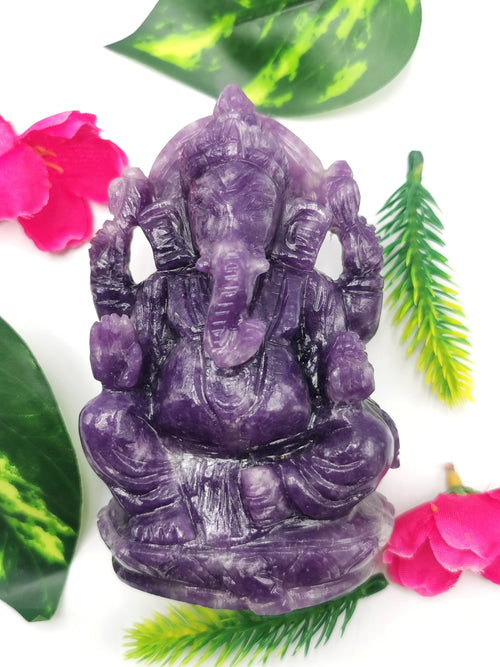 Lepidolite Handmade Carving of Ganesh - Lord Ganesha Idol in Crystals and Gemstones - Reiki/Chakra/Healing - 4 inch and 0.37 kg (0.81 lb)