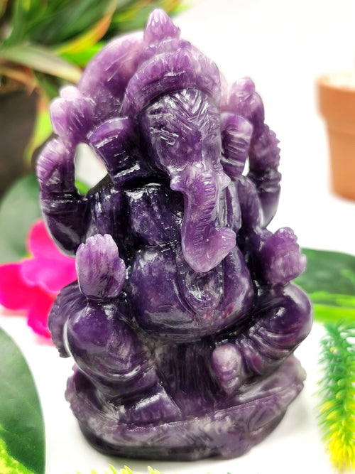 Lepidolite Handmade Carving of Ganesh - Lord Ganesha Idol in Crystals and Gemstones - Reiki/Chakra/Healing - 4 inch and 0.37 kg (0.81 lb)