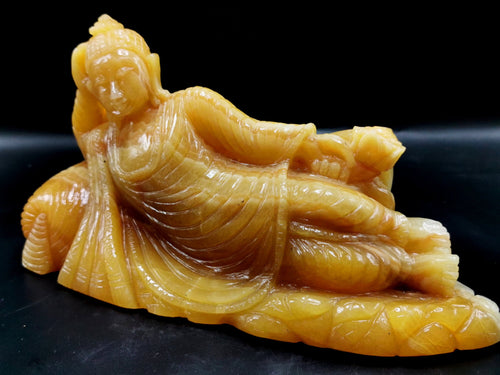 Yellow Calcite Buddha in parinirvana position - handmade carving of serene Lord Buddha - crystal/reiki/healing - 9 inches and 2.2 kgs
