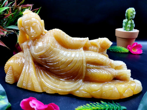 Yellow Calcite Buddha in parinirvana position - handmade carving of serene Lord Buddha - crystal/reiki/healing - 9 inches and 2.2 kgs