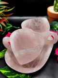 Rose quartz tea set - exquisite carving of a set of 2 heart-shaped tea cups and a tray in rose quartz - crystal and gemstone carvings