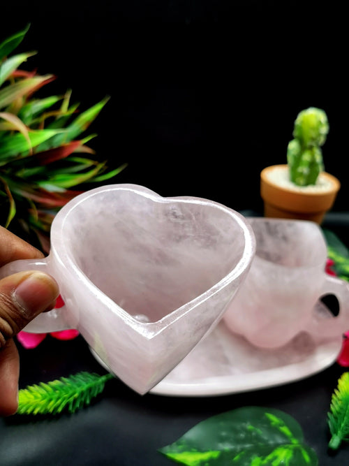 Rose quartz tea set - exquisite carving of a set of 2 heart-shaped tea cups and a tray in rose quartz - crystal and gemstone carvings