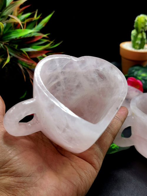 Rose quartz tea set - exquisite carving of a set of 2 heart-shaped tea cups and a tray in rose quartz - crystal and gemstone carvings