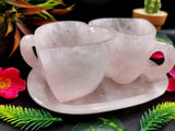 Rose quartz tea set - exquisite carving of a set of 2 heart-shaped tea cups and a tray in rose quartz - crystal and gemstone carvings