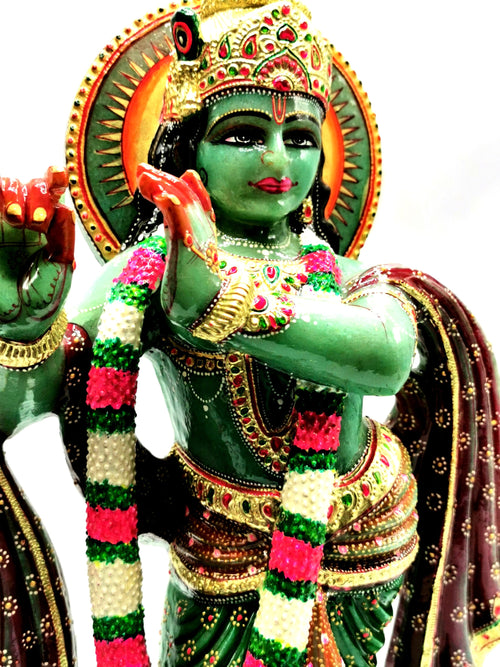 Majestic Green Aventurine Handmade Carving of Krishna - Lord Krishna Idol/Murti in Crystals - Reiki/Chakra - 16 inches and 9.2 kg (20.2 lb)
