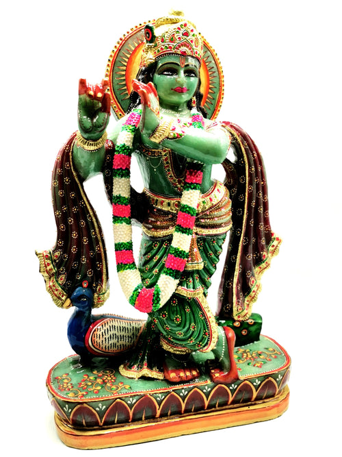 Majestic Green Aventurine Handmade Carving of Krishna - Lord Krishna Idol/Murti in Crystals - Reiki/Chakra - 16 inches and 9.2 kg (20.2 lb)