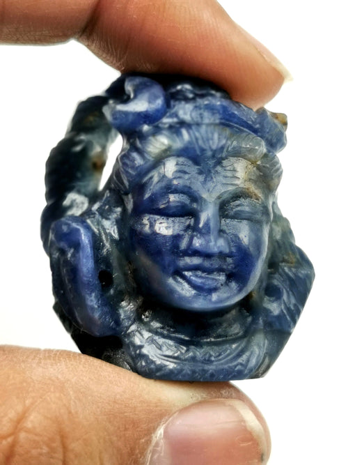 Miniature Shiva Head carving in Blue Sapphire - Lord Shivshankar in crystals and gemstones |Reiki/Chakra/Healing - 1.3 in and 190 carats