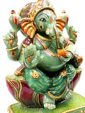 Majestic Green Aventurine Handmade Carving of Ganesh - Handpainted Lord Ganesha Idol in Crystals and Gemstones - Reiki - 14 inch and 13.5 kg