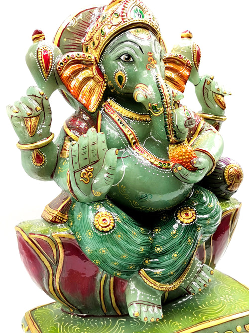 Majestic Green Aventurine Handmade Carving of Ganesh - Handpainted Lord Ganesha Idol in Crystals and Gemstones - Reiki - 14 inch and 13.5 kg