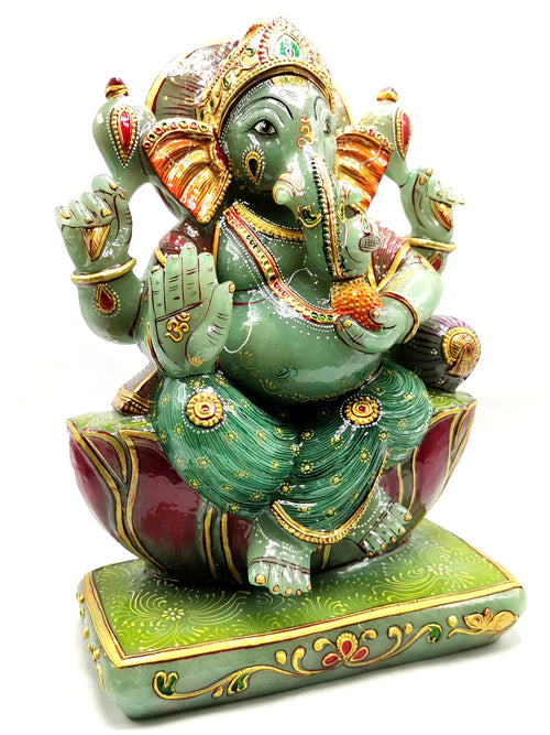 Majestic Green Aventurine Handmade Carving of Ganesh - Handpainted Lord Ganesha Idol in Crystals and Gemstones - Reiki - 14 inch and 13.5 kg