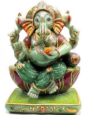 Majestic Green Aventurine Handmade Carving of Ganesh - Handpainted Lord Ganesha Idol in Crystals and Gemstones - Reiki - 14 inch and 13.5 kg