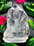 Ganesh Clear Quartz Handmade Carving - Ganesha Ido |Sculpture in Crystals and Gemstones - 4.8 inches and 475 gms (1.05 lb)