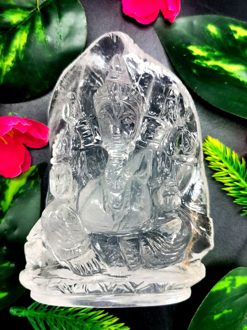 Ganesh Clear Quartz Handmade Carving - Ganesha Ido |Sculpture in Crystals and Gemstones - 4.8 inches and 475 gms (1.05 lb)