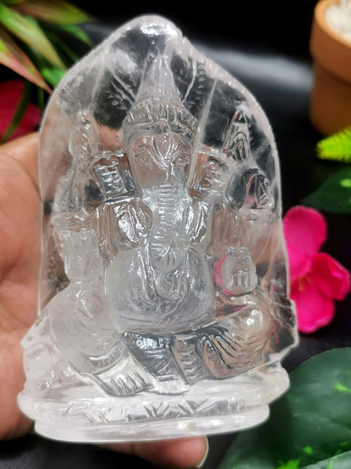 Ganesh Clear Quartz Handmade Carving - Ganesha Ido |Sculpture in Crystals and Gemstones - 4.8 inches and 475 gms (1.05 lb)