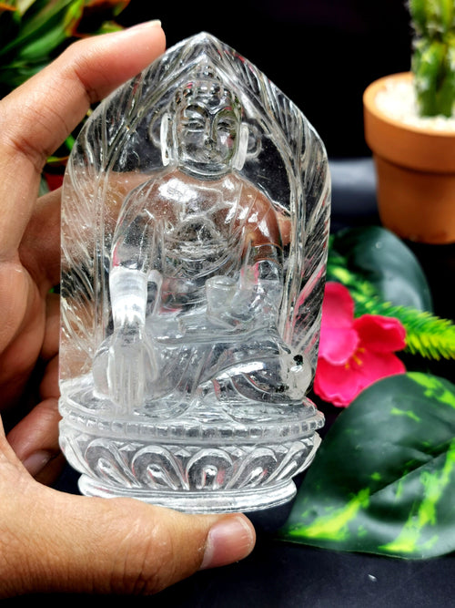 Clear Quartz/Clear Crystal Buddha - handmade carving of serene and meditating Lord Buddha - crystal/reiki/healing - 4.5 inches and 335 gms