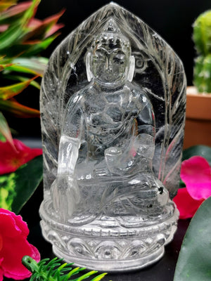 Clear Quartz/Clear Crystal Buddha - handmade carving of serene and meditating Lord Buddha - crystal/reiki/healing - 4.5 inches and 335 gms