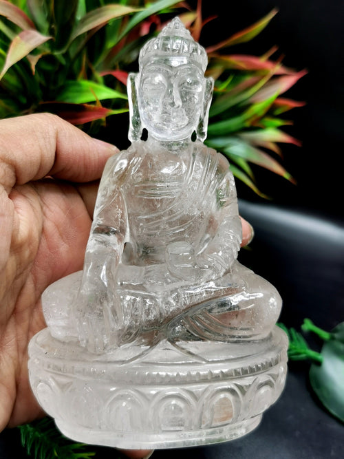 Clear Quartz/Clear Crystal Buddha - handmade carving of serene and meditating Lord Buddha - crystal/reiki/healing - 5 inches and 500 gms