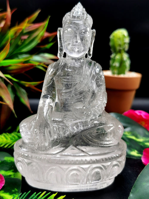 Clear Quartz/Clear Crystal Buddha - handmade carving of serene and meditating Lord Buddha - crystal/reiki/healing - 5 inches and 500 gms