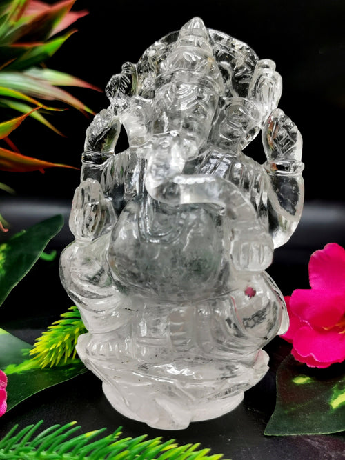 Ganesh statue in Clear Quartz Handmade Carving - Ganesha Idol |Sculpture in Crystals and Gemstones - 4 inches and 335 gms (0.74 lb)