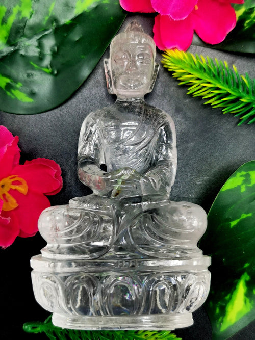 Clear Quartz/Clear Crystal Buddha - handmade carving of serene and meditating Lord Buddha - crystal/reiki/healing - 5 inches and 500 gms