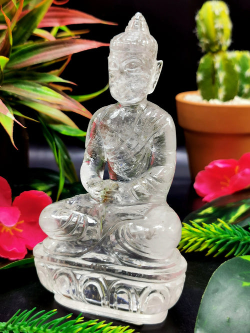 Clear Quartz/Clear Crystal Buddha - handmade carving of serene and meditating Lord Buddha - crystal/reiki/healing - 5 inches and 500 gms
