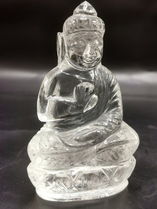 Clear Quartz/Clear Crystal Buddha - handmade carving of serene and meditating Lord Buddha - crystal/reiki/healing - 3.5 inches and 170 gms