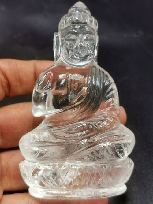 Clear Quartz/Clear Crystal Buddha - handmade carving of serene and meditating Lord Buddha - crystal/reiki/healing - 3.5 inches and 170 gms