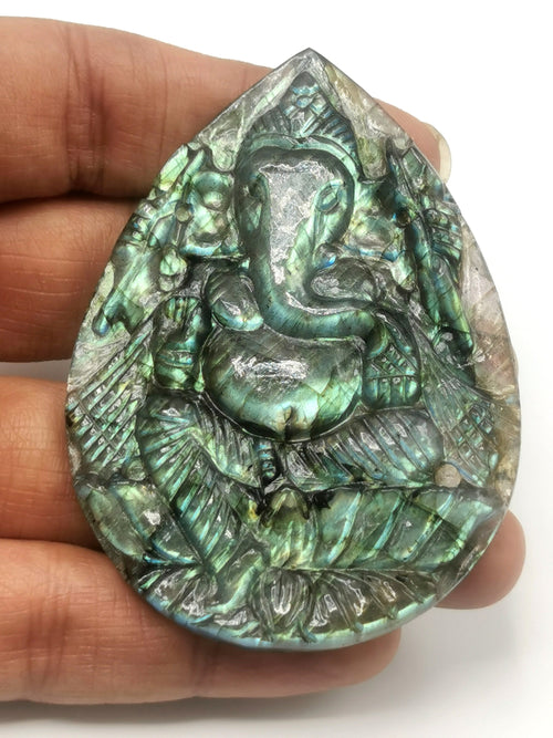 Labradorite Carving of Ganesh on a plate with blue flash - Lord Ganesha Idol | Figurine in Crystals and Gemstones - 3 inches and 36 gms
