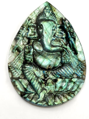 Labradorite Carving of Ganesh on a plate with blue flash - Lord Ganesha Idol | Figurine in Crystals and Gemstones - 3 inches and 36 gms