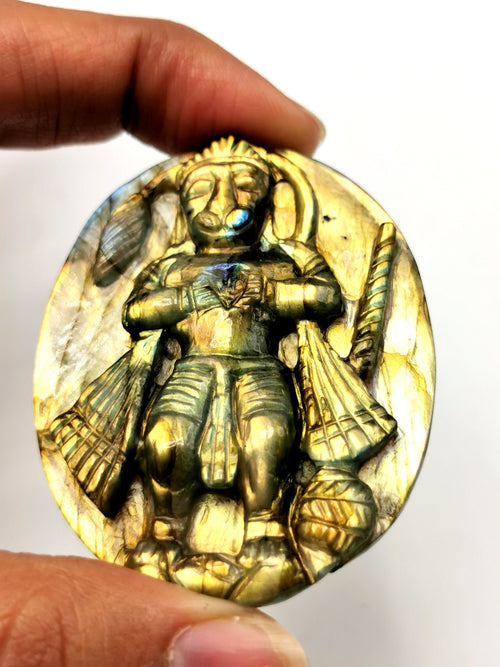Labradorite Plate Carving of Lord Hanuman with golden flash | Bajrang Bali statue | Reiki/Chakra/Healing in gemstone and crystals - 2.5 in
